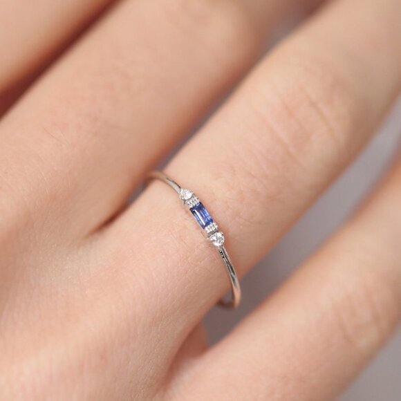 Silver Blue Chic Rectangle Round Gems Dainty Ring for Women, VIP182 - Picture 4 of 5